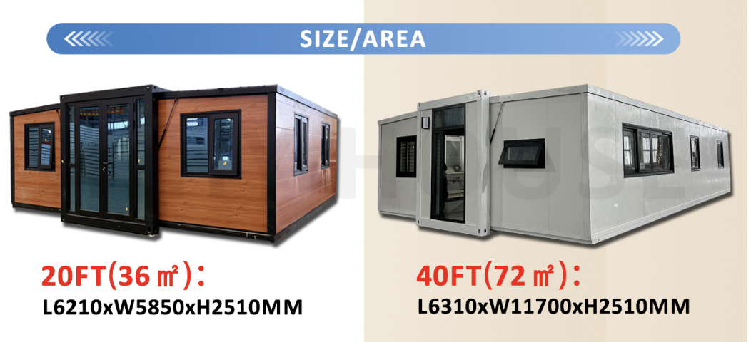 A 20ft container home next to a 40ft container home to show scale