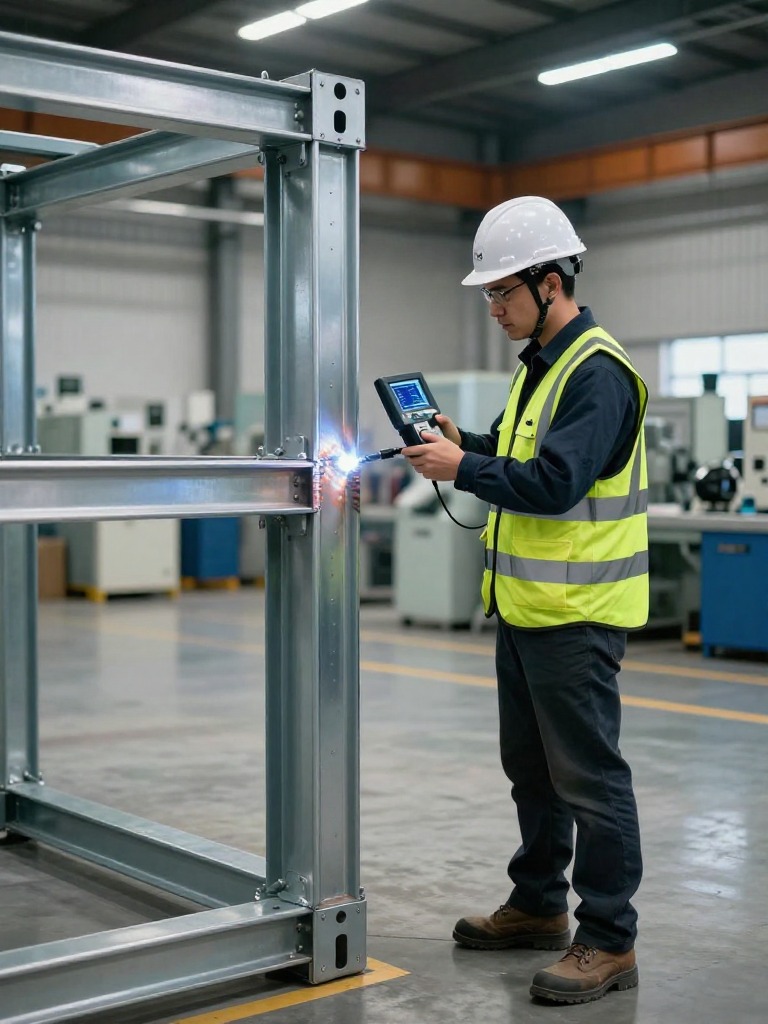 A quality control inspector checking the welds on a modular container frame