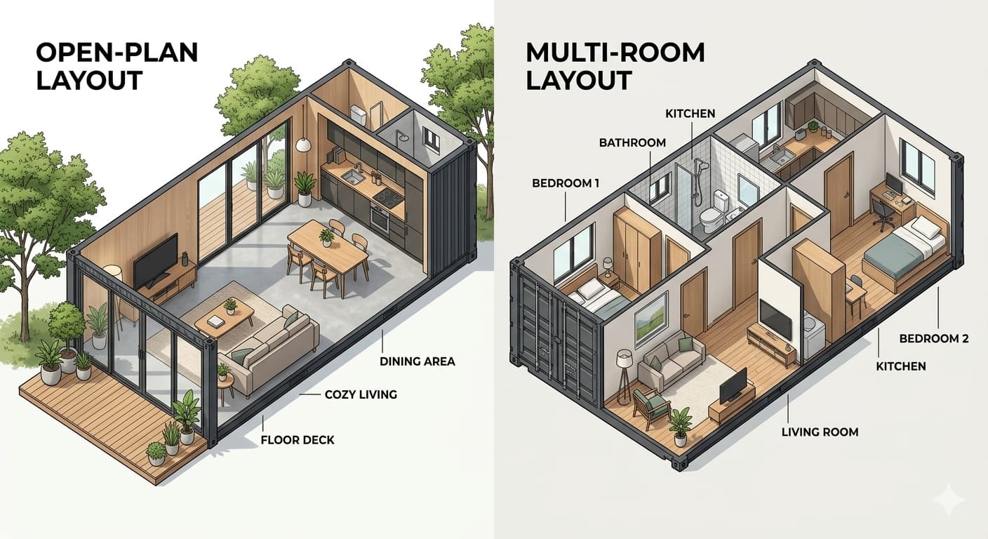 An open-plan container home layout versus a multi-room layout