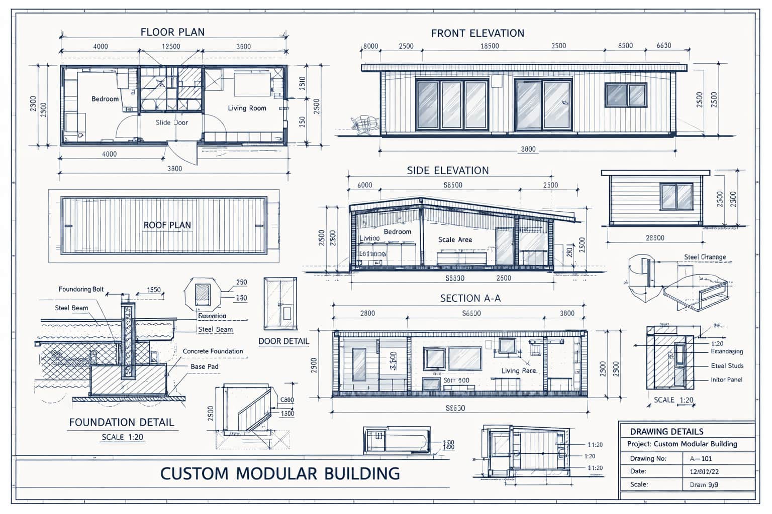 A detailed blueprint or technical drawing of a custom modular building