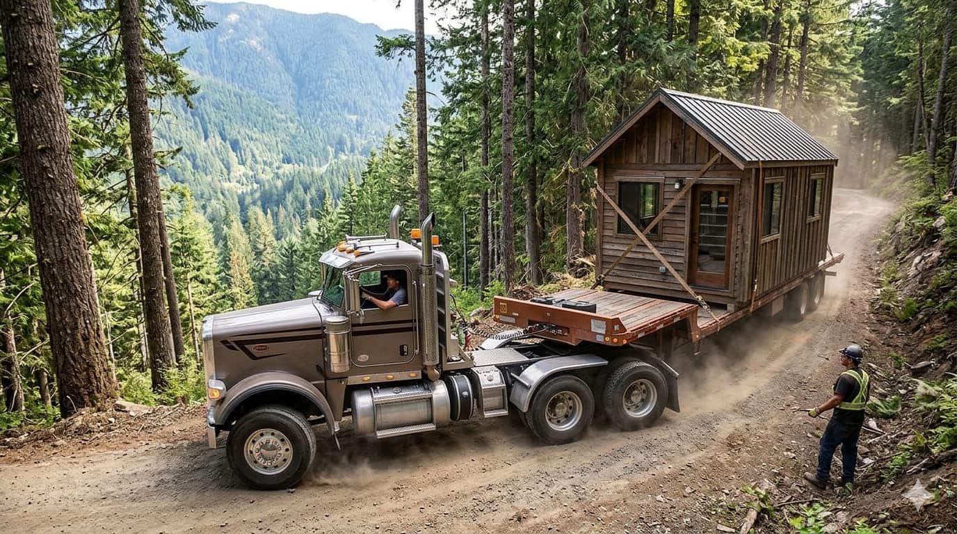 A truck navigating a narrow dirt road to deliver a prefab cabin.